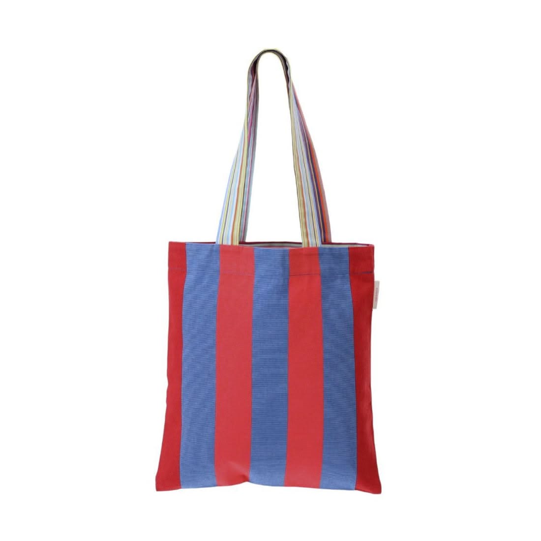 A bag shoulder bag made from Carthage Roy Rose choc which is a vibrant coloured striped fabric with deep reds, blues and pop of bright red