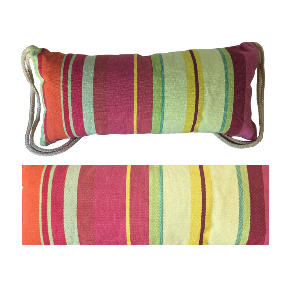 Multiple striped head cushion for deckchair with fabric swatch. On plain background
