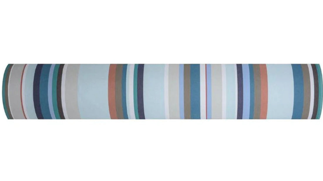 Multi coloured striped Fabric cotton roll called CHALUTIER by Les Toiles du Soleil. Colours of blues, teal, navy and grey