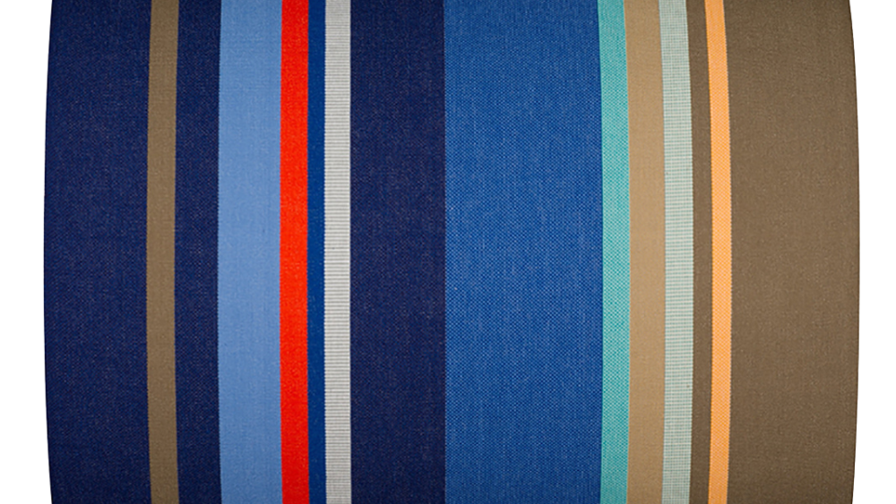 Multicoloured striped fabric thumbnail swatch, featuring different shades of blue and a red, brown, and yellow stripe