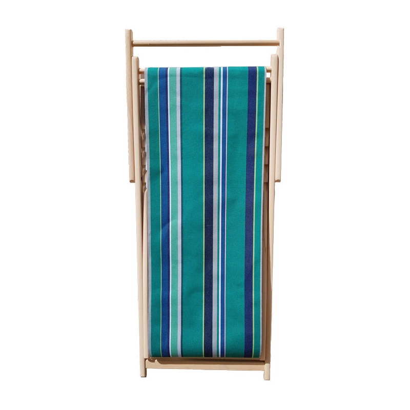 Wooden folded deckchair showcasing cotton fabric with bold stripes in deep teal, turquoise, and multiple shades of blue and green