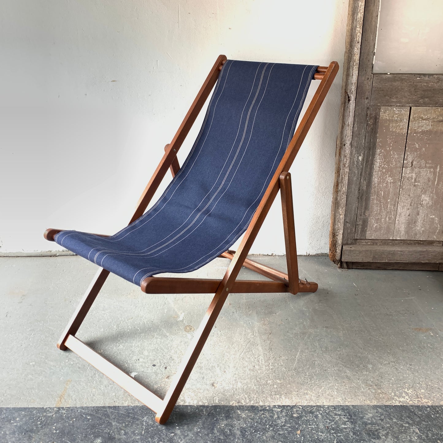 NEW Deckchair Hardwood Synthetic Pin Stripe Denim