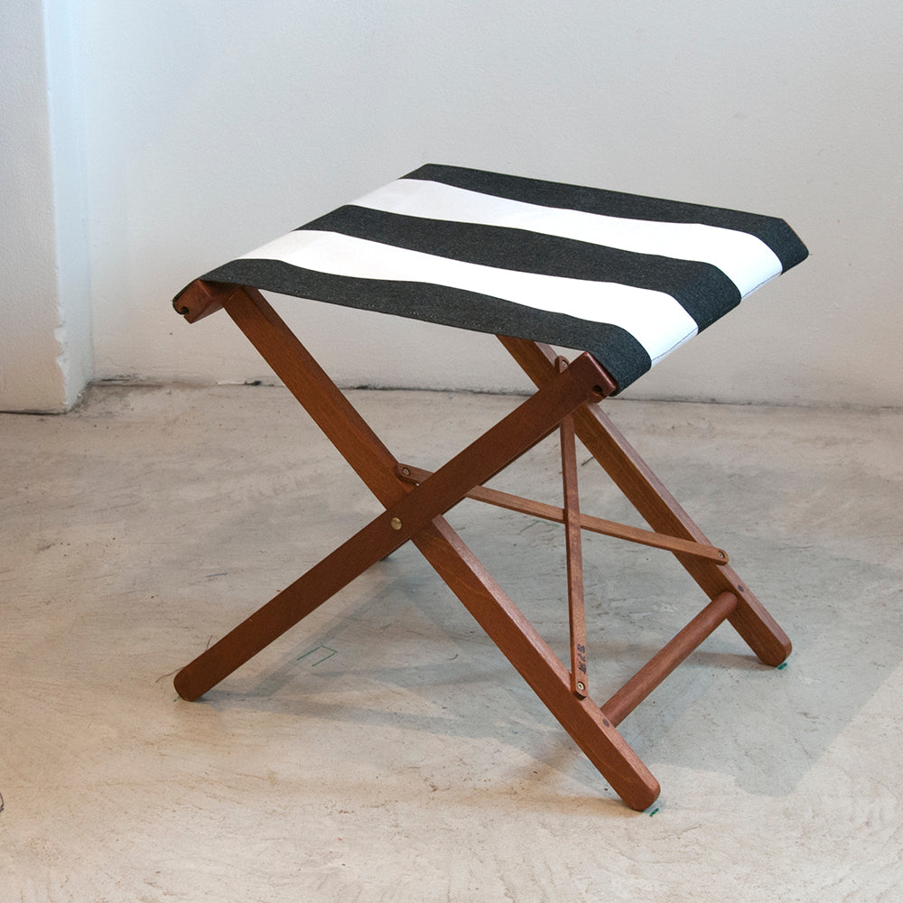 Folding Stool Hardwood Synthetic Block Stripe Charcoal White