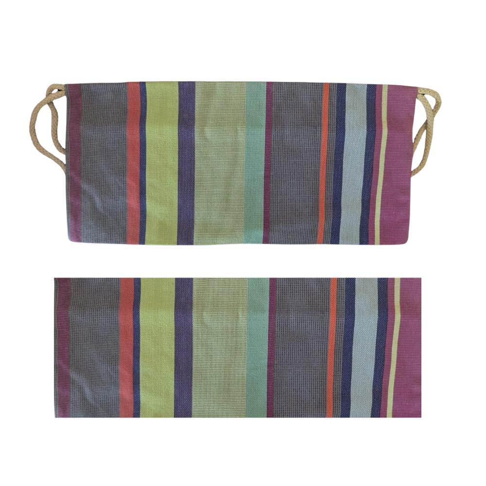 Close up of head cushion for deckchair with a fabric swatch. Showing multi-coloured stripes in purple, olive, green and textured colours. On a plain background