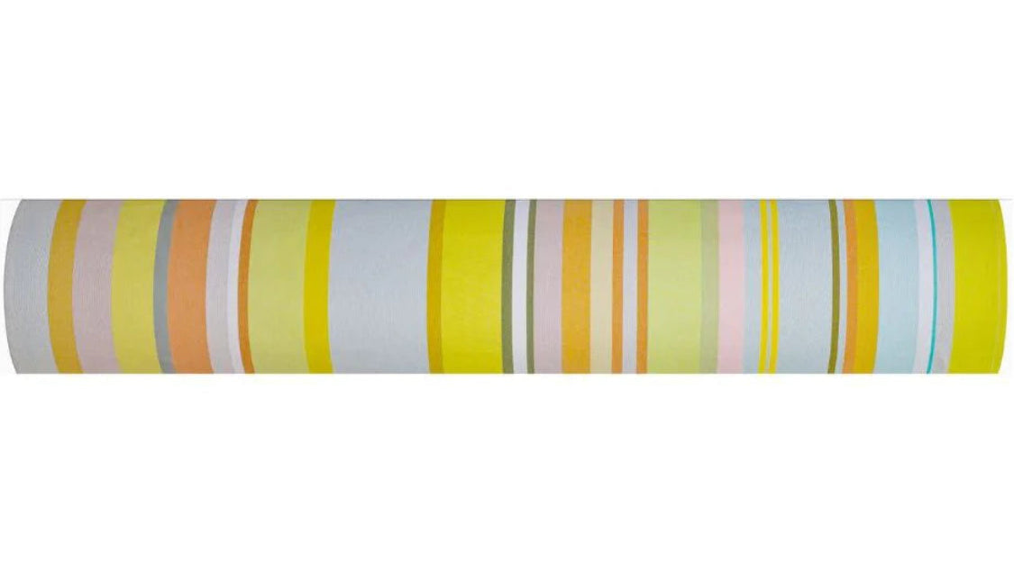 Gelati Les Toiles du SOleil 100% cotton fabric roll showing multicoloured stripes of yellows, blues, greens, and orange.