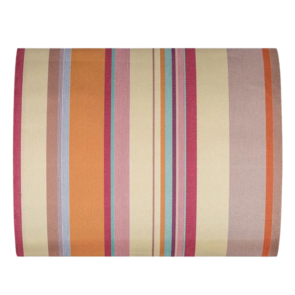 Striped fabric with multicolours featuring pinks, soft yellows, teal and orange, on a white background