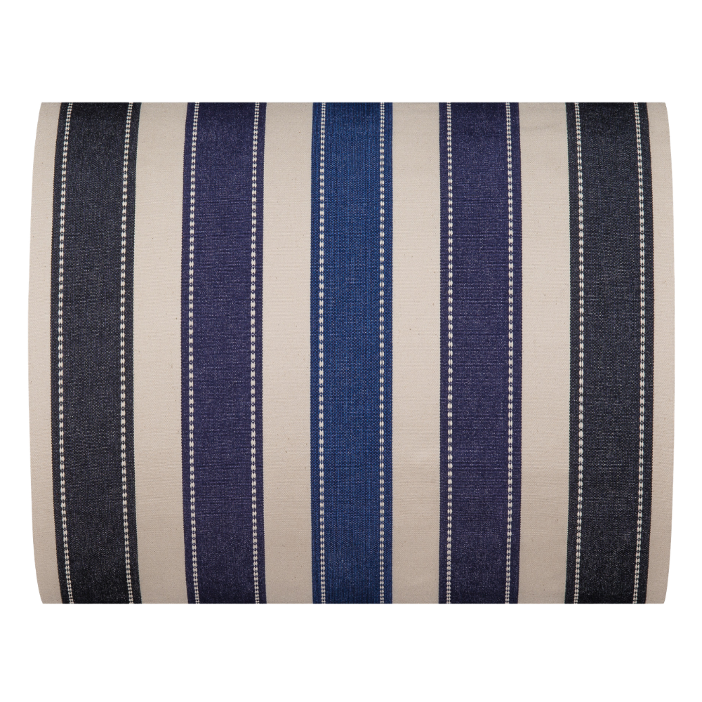 A fabric thumbnail featuring a striped pattern with various bands in different shades of blue. A detailed 100% cotton weave by by Les Toiles du Soleil