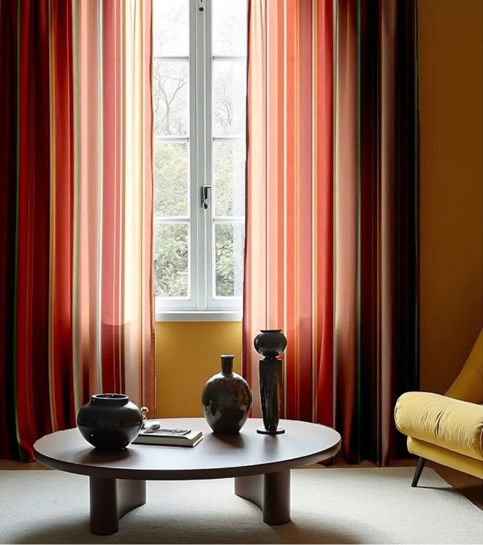 Living room with curtains made from Les Toiles du Soleil 100% cotton Pezilla-la-rivière fabric. Striped with Multi colours - ight stone and terracotta, soft greens, subtle rusts and the patinated reds.