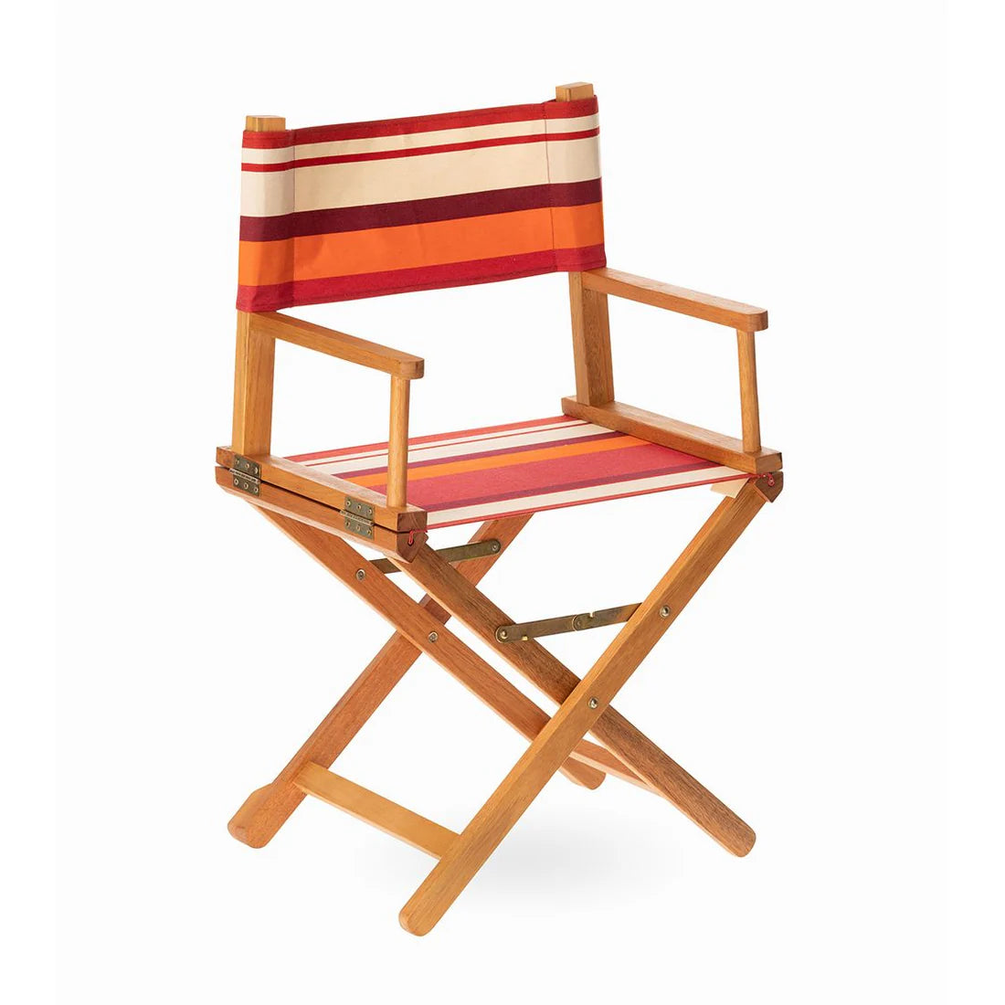 Directors chair made with Les Toiles du Soleil cotton fabric featuring bold stripes of deep red, bright crimson, orange, burgundy and warm écru.