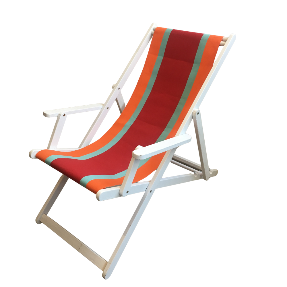 White deckchair made from Plage Rouge / Orange - a bold fabric featuring a striped pattern with red, orange and turquoise. A detailed 100% cotton weave by By Les Toiles du Soleil