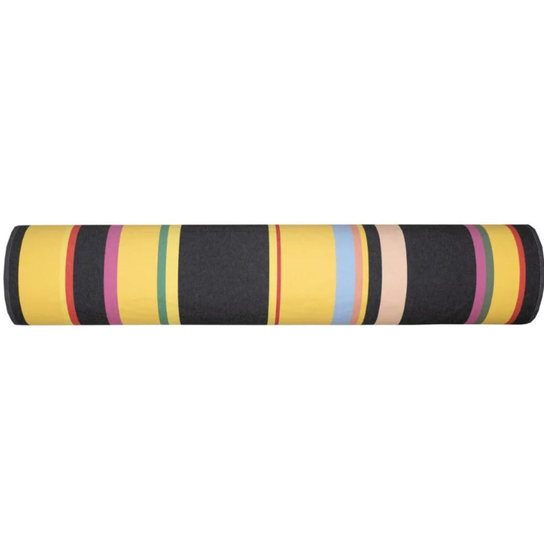 §00% cotton Les Toiles du Soleil fabric roll of Pollestres. A bold black, yellow, pinks and other colours in a multi striped pattern.
