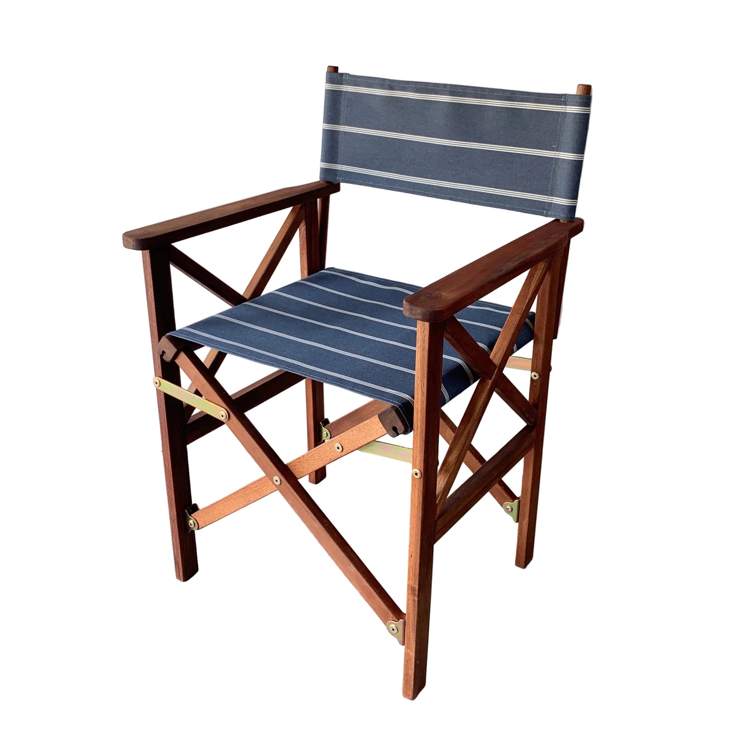 A director's chair with a blue and white striped synthetic sling.