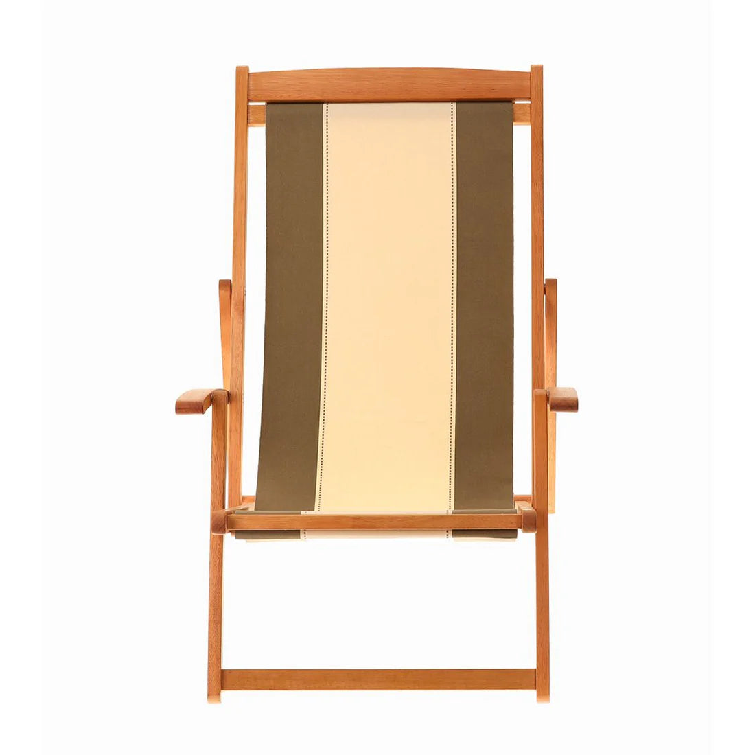 Wooden deckchair with cotton fabric featuring broad stripes of warm taupe and soft écru, the delicate dotted lines between them. On a white background.