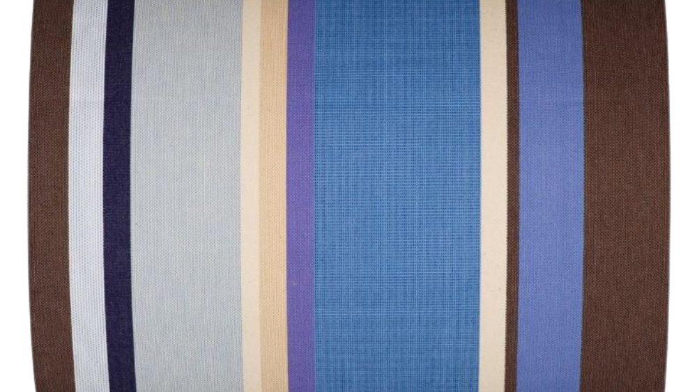Striped cotton fabric called Saint Cyprien by Les Toiles du Soleil, featuring soft blues, warm earth tones, and creamy neutrals.