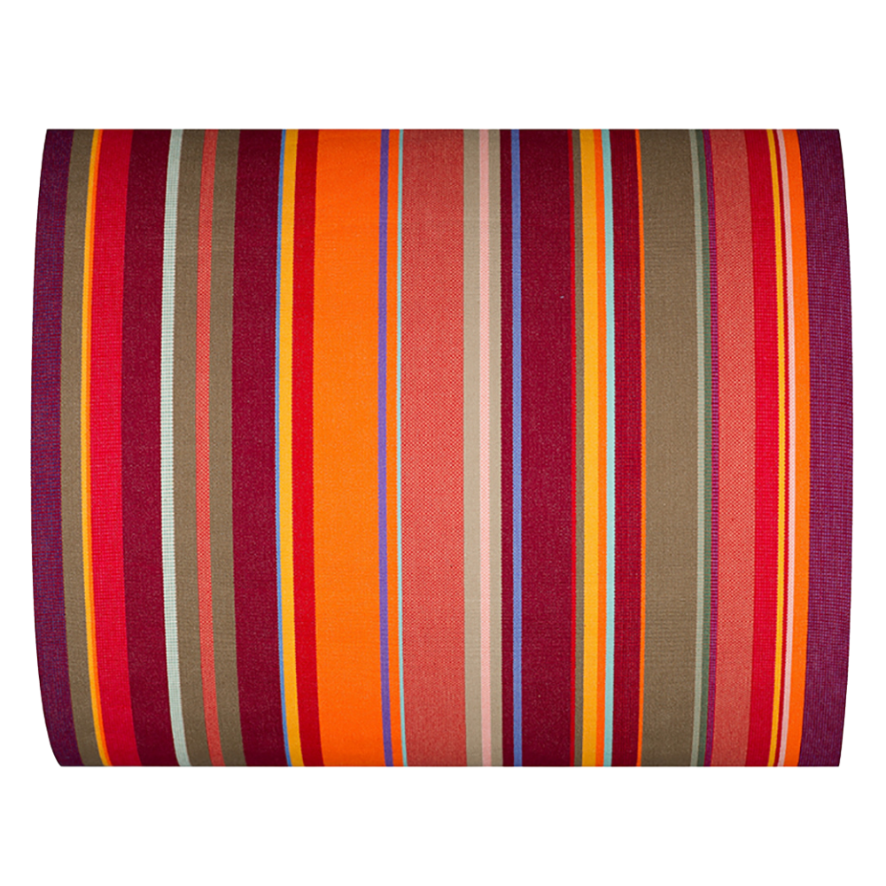 Colourful striped cotton fabric with vertical red, orange, and multicoloured stripes on a white background