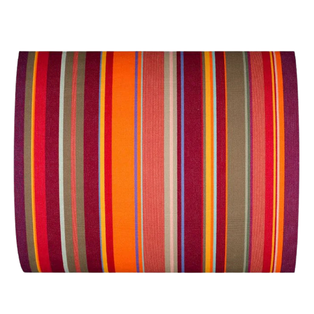 Colourful striped fabric with red, orange, and multicolour stripes on a white background