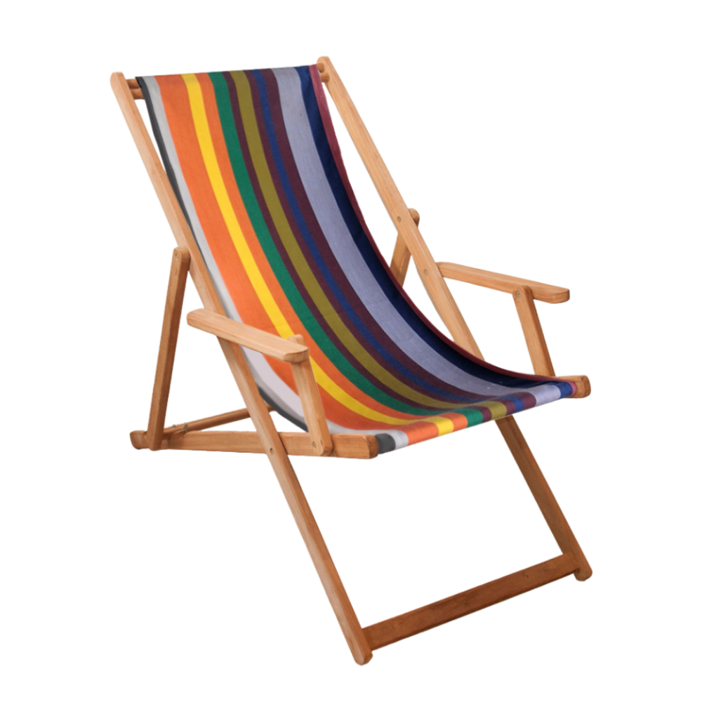 A wooden folding deck chair with a colorful striped fabric sling seat and backrest, isolated on a white background.