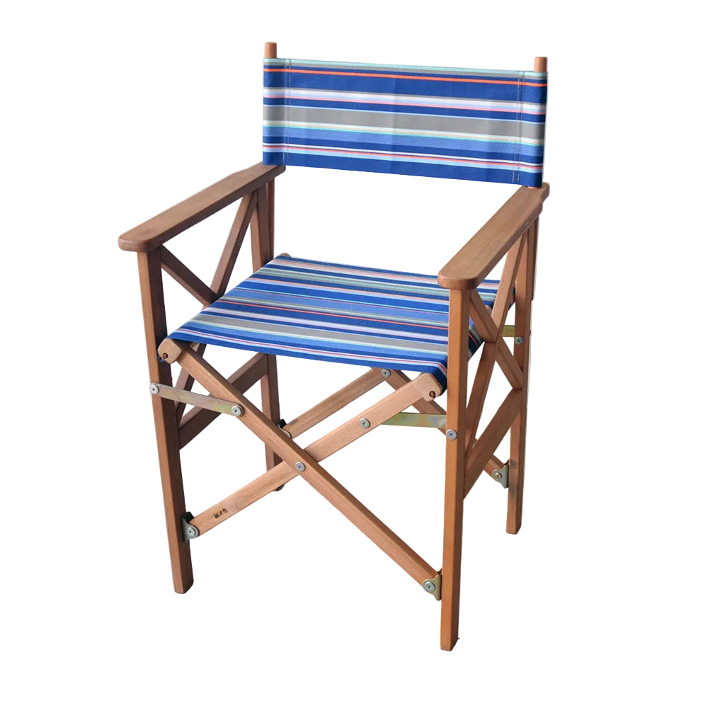 A foldable director's chair with a teak frame, featuring a vibrant pattern of blue, orange, grey, and turquoise.