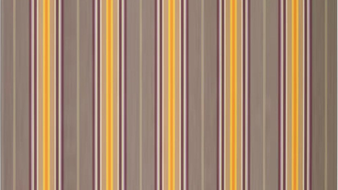 Lulu Taupe Les Toiles du Soleil 100% cotton fabric close up. Multi striped browns, beige, yellow and amber
