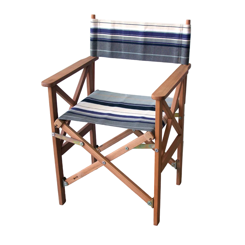 A wooden director's chair with a synthetic blue and grey striped sling.