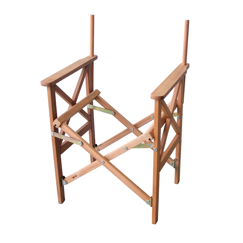 A teak wood frame for a director's chair, showing the structure and joints of the chair, without any fabric or cushioning.