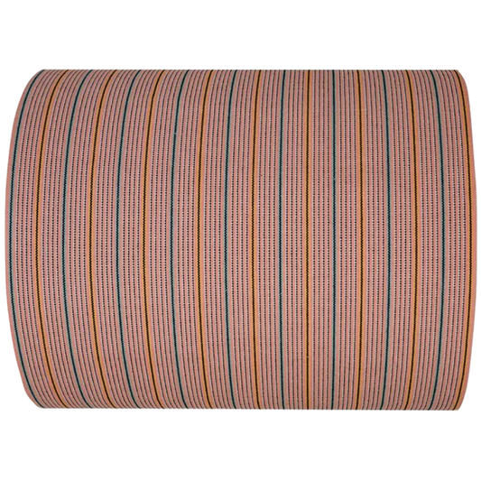 Close-up of the 1897 No.1 fabric roll showing woven vertical stripes in soft pink, red, beige, and cream tones with a textured linen-cotton weave. Made by Les Toiles du Soleil
