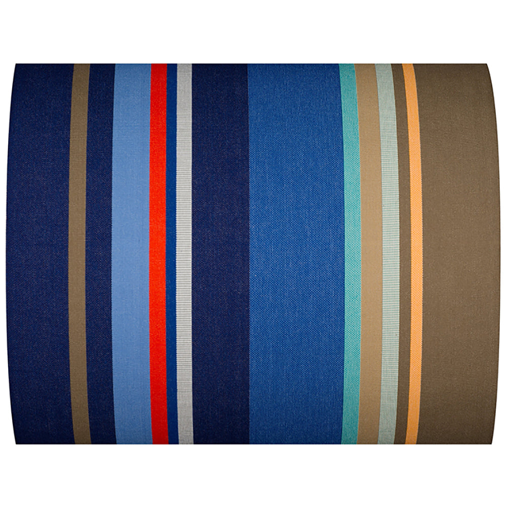A multi striped fabric thumbnail image featuring blues, red, browns, teal, beige and yellow