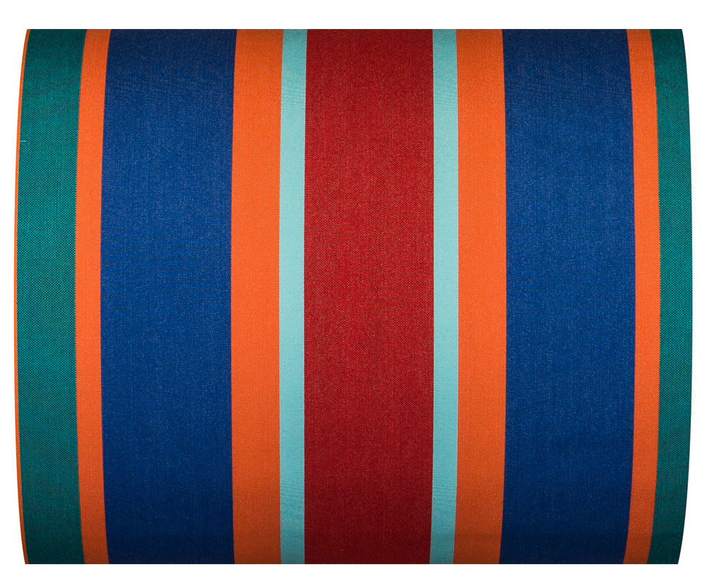 CLose up of Les Planches Les Toiles du soliel outdoor Sunbrella fabric. Multi striped with blue, red, orange and teal