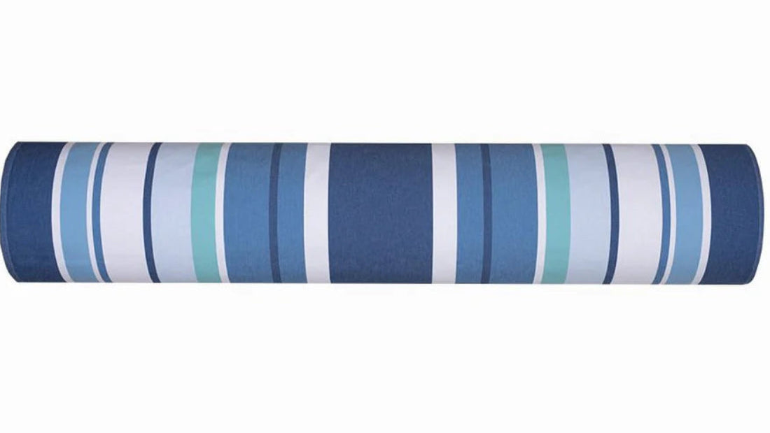 A cotton fabric roll of Aigue Marine, which is a multi coloured striped fabric made by Les toiles du Soleil. It showcases a variety of shades of blue