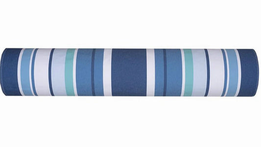 A cotton fabric roll of Aigue Marine, which is a multi coloured striped fabric made by Les toiles du Soleil. It showcases a variety of shades of blue