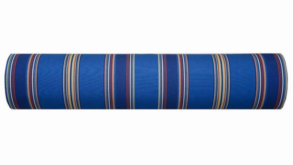 Les Toiles du Soleil Sunbrella Alexandre roll of fabric with colouful multi striped shades of blue and warm tones