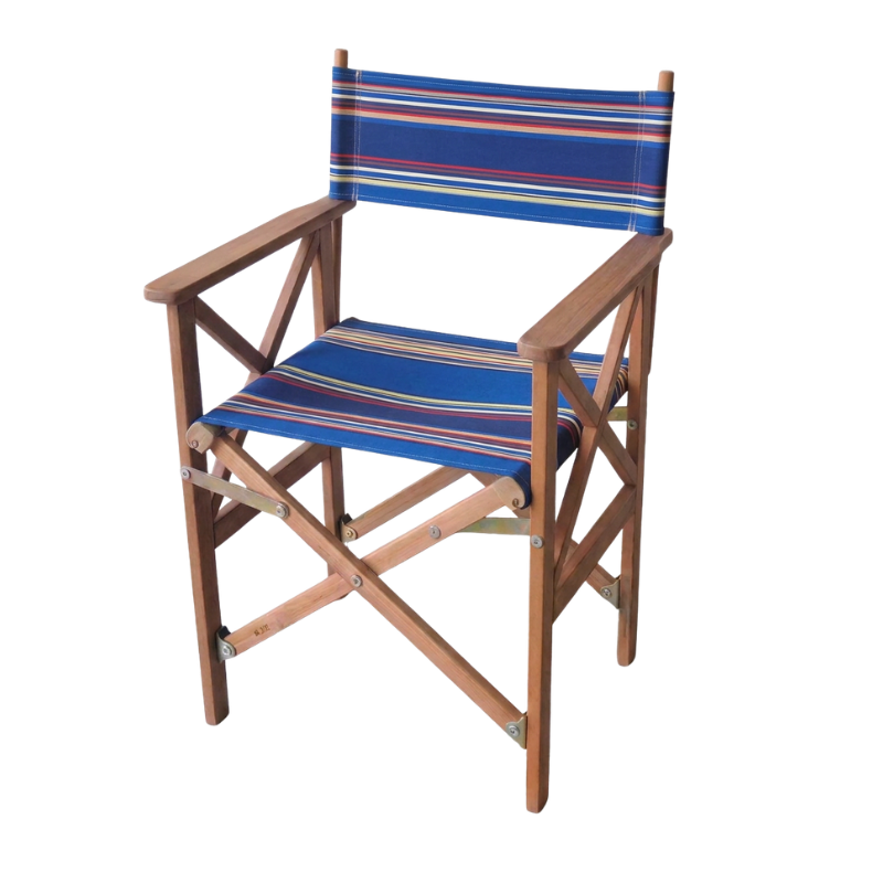Teak directors chair with outdoor Sunbrella and Les Toiles du Soleil fabric. Showing multi-coloured stripes of blues, beige, green, orange and red. On a plain background