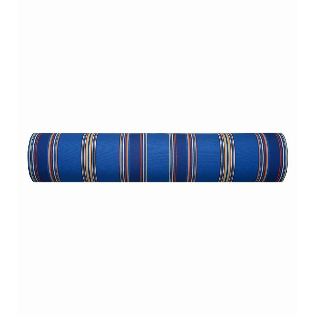Roll of outdoor Sunbrella and Les Toiles du Soleil fabric. Showing multi-coloured stripes of blues, beige, green, orange and red.