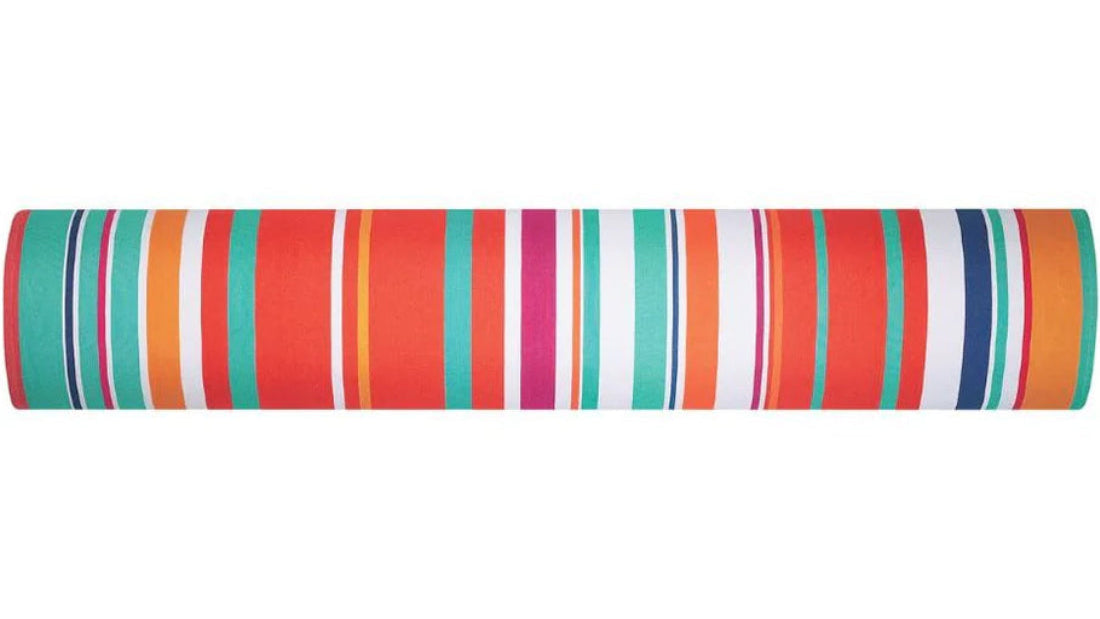 Les Toiles du Soleil 100% cotton Angra Capucine fabric roll. It is is a bold, high-energy stripe inspired by Catalan textiles.  Vivid stripes of red, orange, turquoise, and pink bring life and warmth.