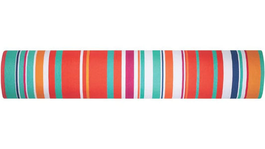 Les Toiles du Soleil 100% cotton Angra Capucine fabric roll. It is is a bold, high-energy stripe inspired by Catalan textiles.  Vivid stripes of red, orange, turquoise, and pink bring life and warmth.