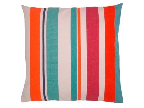 Cushion made from Les Toiles du Soleil 100% cotton Angra Capucine fabric roll. It is is a bold, high-energy stripe inspired by Catalan textiles.  Vivid stripes of red, orange, turquoise, and pink bring life and warmth.