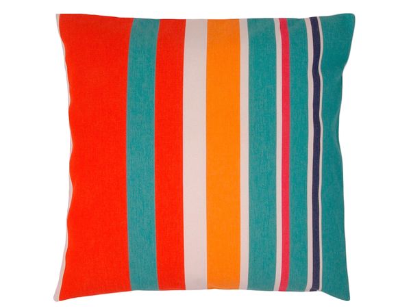 Cushion made from Les Toiles du Soleil 100% cotton Angra Capucine fabric roll. It is is a bold, high-energy stripe inspired by Catalan textiles.  Vivid stripes of red, orange, turquoise, and pink bring life and warmth.