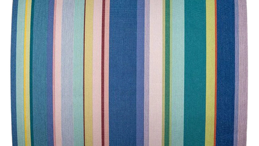 Striped fabric with blue, green, teal, and lavender, pale yellow on a white background