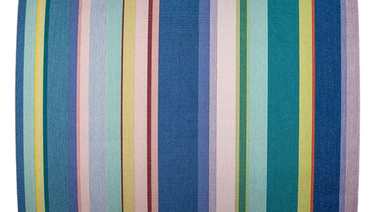 Striped fabric with blue, green, teal, and lavender, pale yellow on a white background