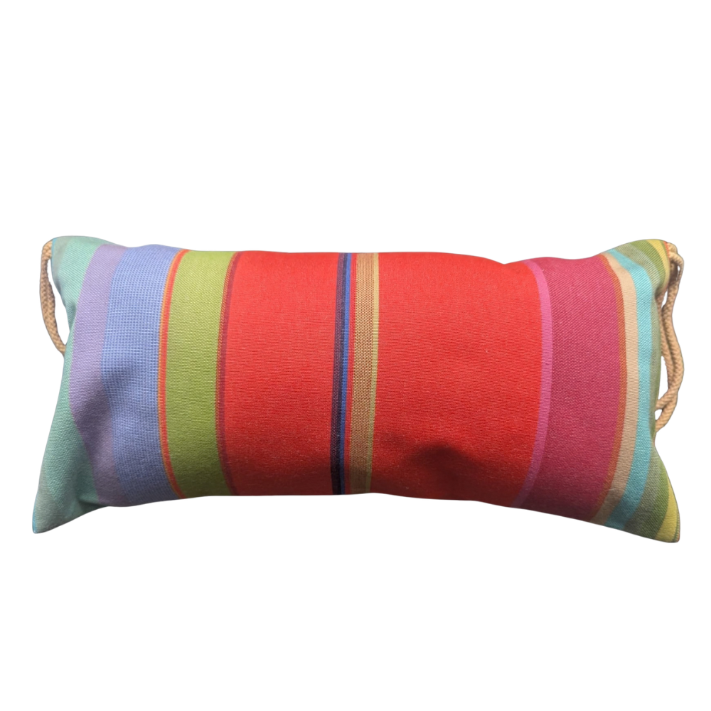 Multi-striped head cushion with reds, greens, lilac, teals, and crimson stripes. 