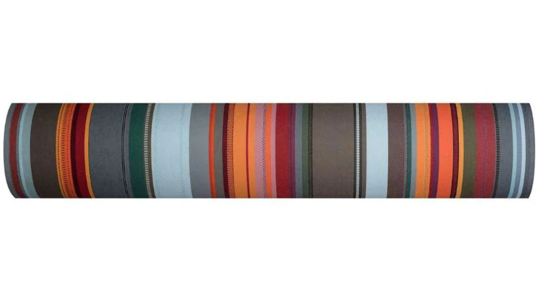 Les Toiles du soleil Arles sur Tech cotton fabric 180cm roll. Multi coloured striped fabric with blues, greys, yellows, deep reds and other colours