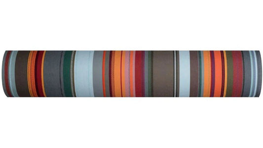 Les Toiles du soleil Arles sur Tech cotton fabric 180cm roll. Multi coloured striped fabric with blues, greys, yellows, deep reds and other colours