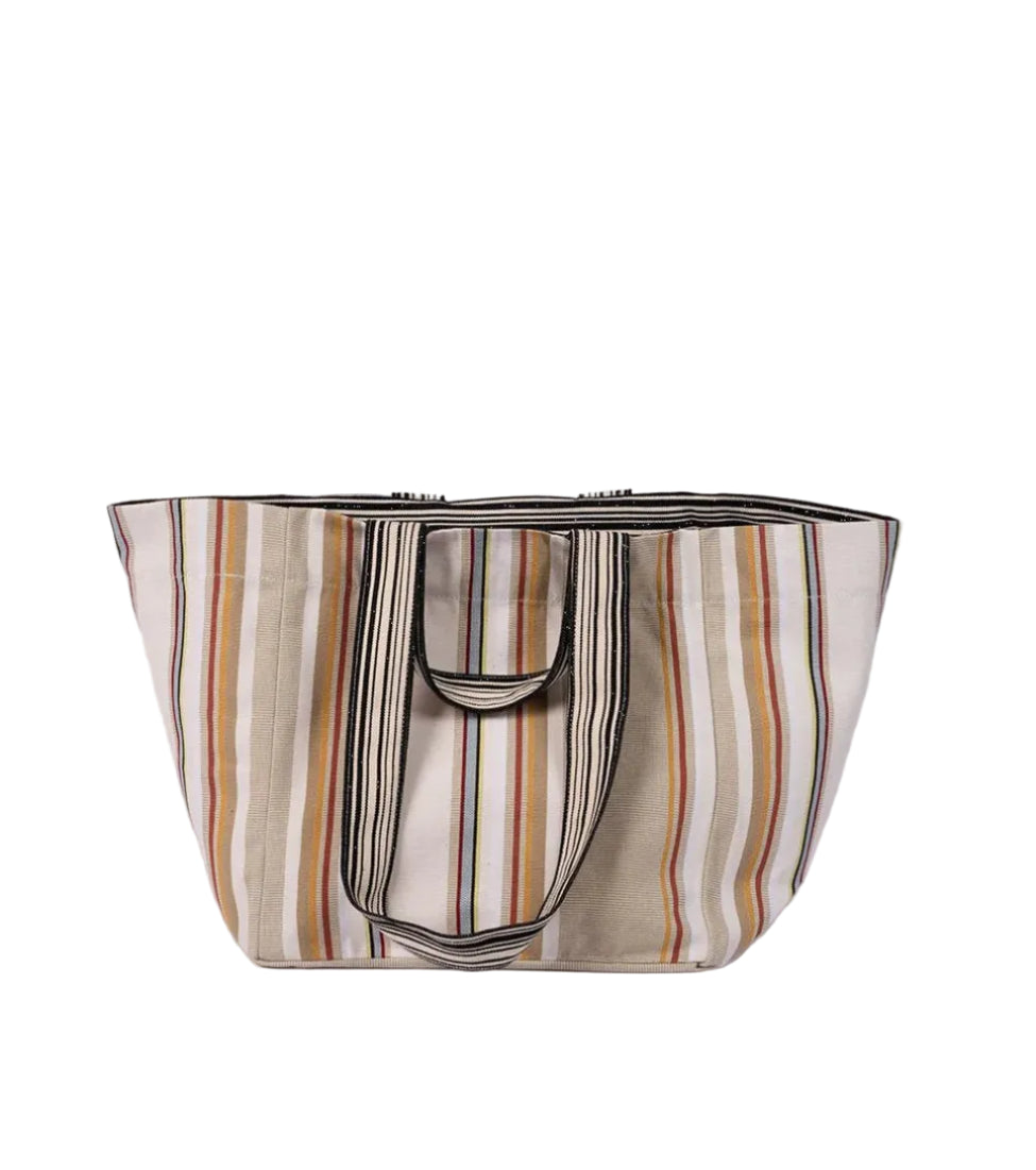 Large carry bag made from Les Toiles du Soleil Auguste striped cotton fabric. Featuring soft browns, beige, white, blue and yellows. 