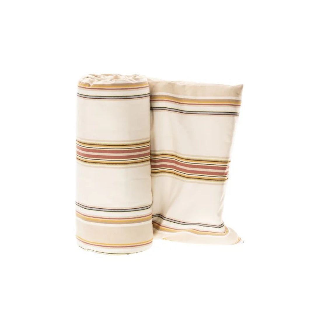 Outdoor sun lounger mattress in Les Toiles du Soleil Auguste Sunbrella fabric. Multi coloured soft beige and warm tones. 