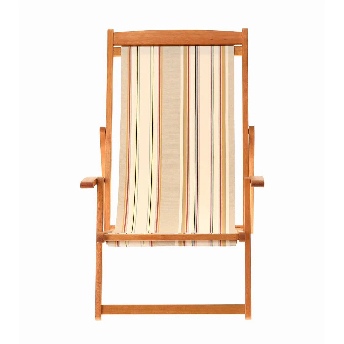 Wooden deckchair with August Les Toiles du Soleil striped cotton fabric. Featuring soft browns, beige, white, blue and yellows. 