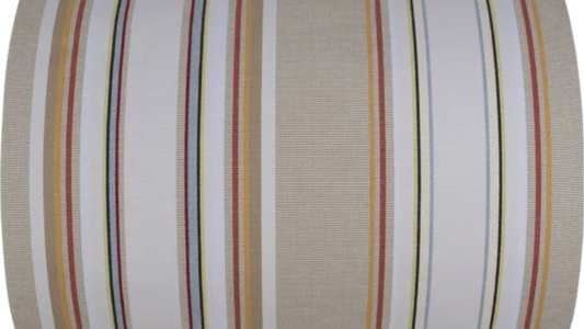 Striped cotton fabric roll featuring soft browns, beige, white, blue and yellows. On a white back ground.