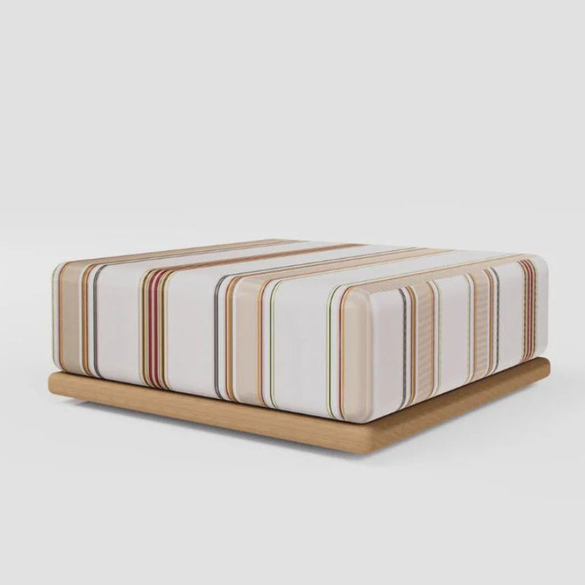 Ottoman made from 100% cotton fabric roll by Les Toiles du Soleil. Auguste range with multiple coloured stripes of light browns, soft, beige and pinks, and other colours