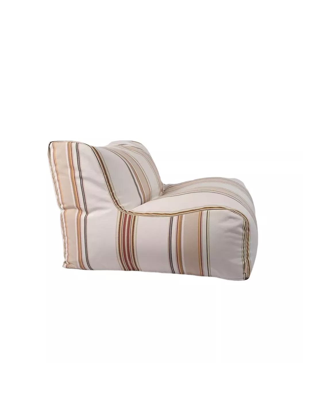 Soft armchair made from 100% cotton fabric roll by Les Toiles du Soleil. Auguste range with multiple coloured stripes of light browns, soft, beige and pinks, and other colours