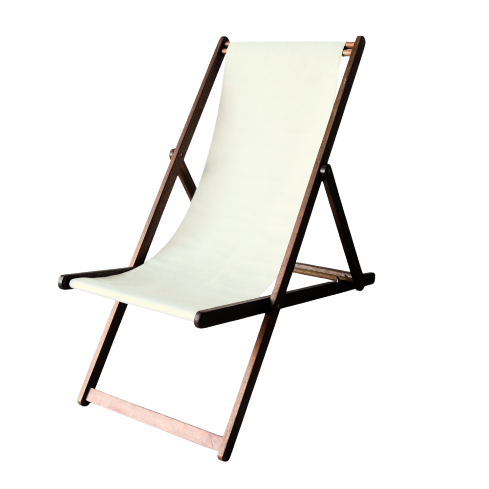 Ici et la hardwood deckchair featuring a natural, ecru coloured cotton fabric sling. With a grey background