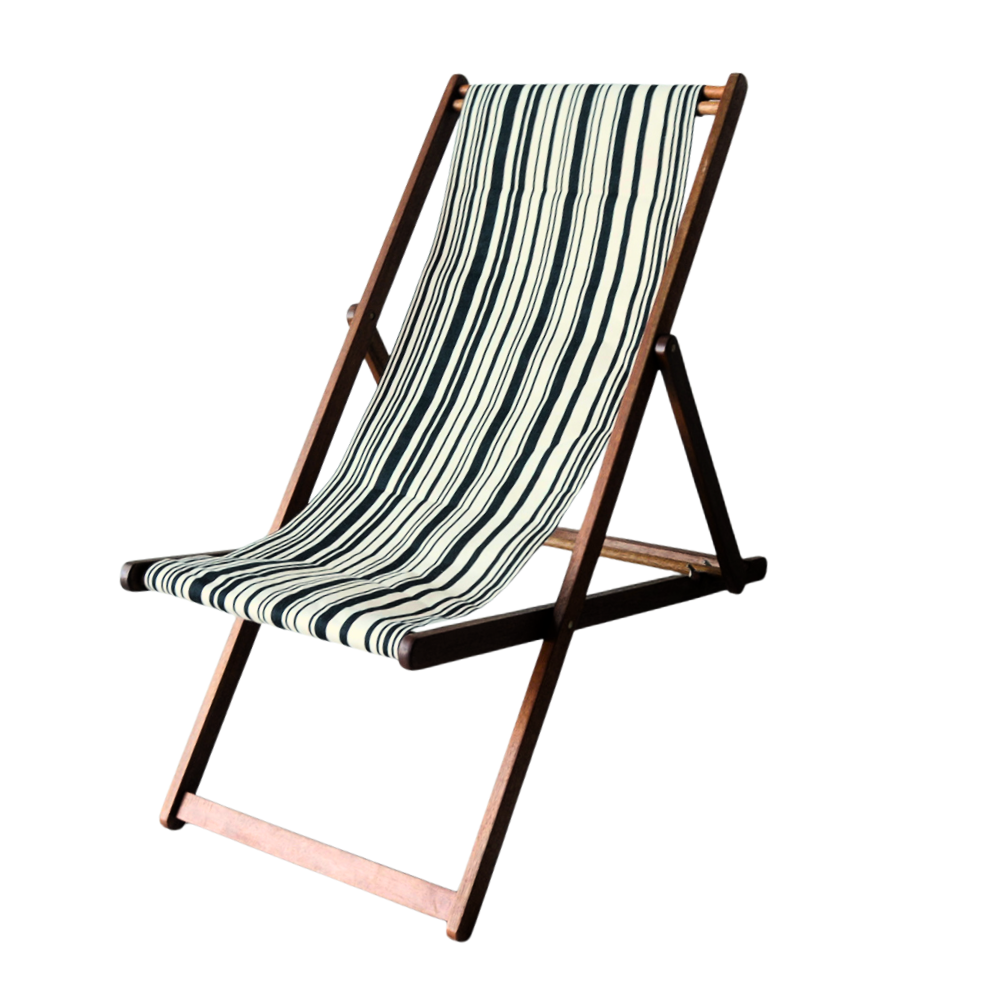 Hardwood folding deckchair with cotton Les Toiles du Soleil fabric with black and off white stripes. Like a barcode, on a white background